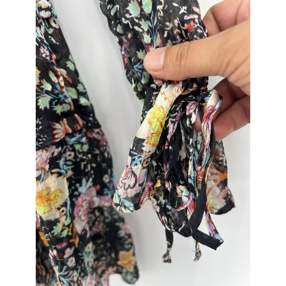 Free People Closer To The Heart Dress XL Black Floral Tiered Ruffle Boho Mini